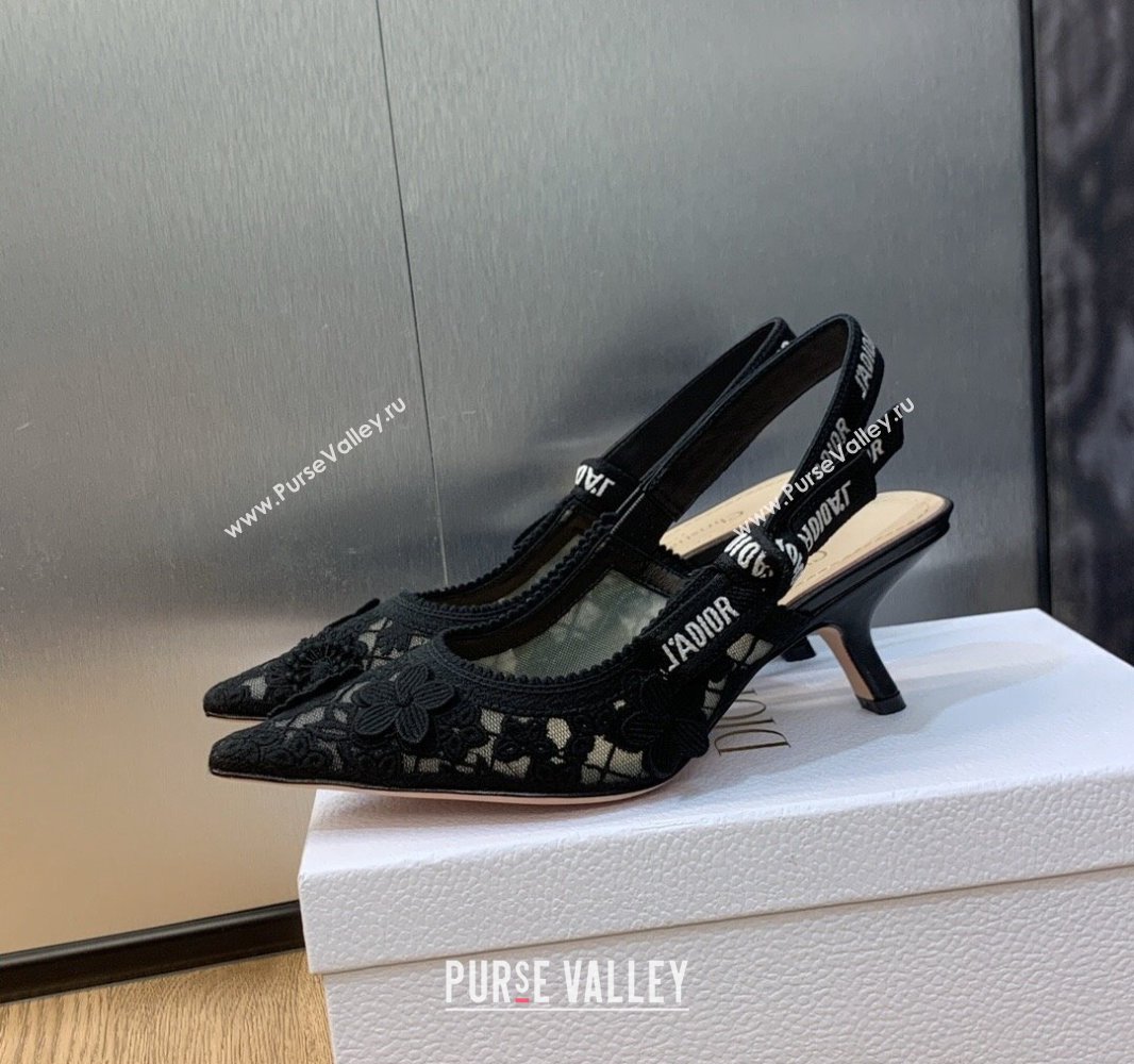 Dior Heel 6.5cm JAdior Slingback Pumps in Transparent Mesh Embroidered with Black 3D Macramé-Effect D-Lace Motif 2024 (modeng-23