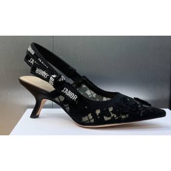 Dior Heel 6.5cm JAdior Slingback Pumps in Transparent Mesh Embroidered with Black 3D Macramé-Effect D-Lace Motif 2024 (modeng-23