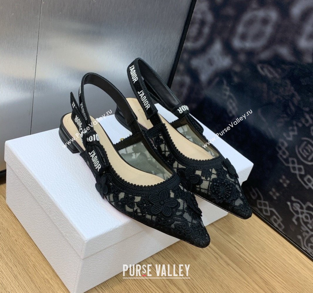 Dior JAdior Slingback Ballerina Flats in Transparent Mesh Embroidered with Black 3D Macramé-Effect D-Lace Motif 2024 (modeng-231