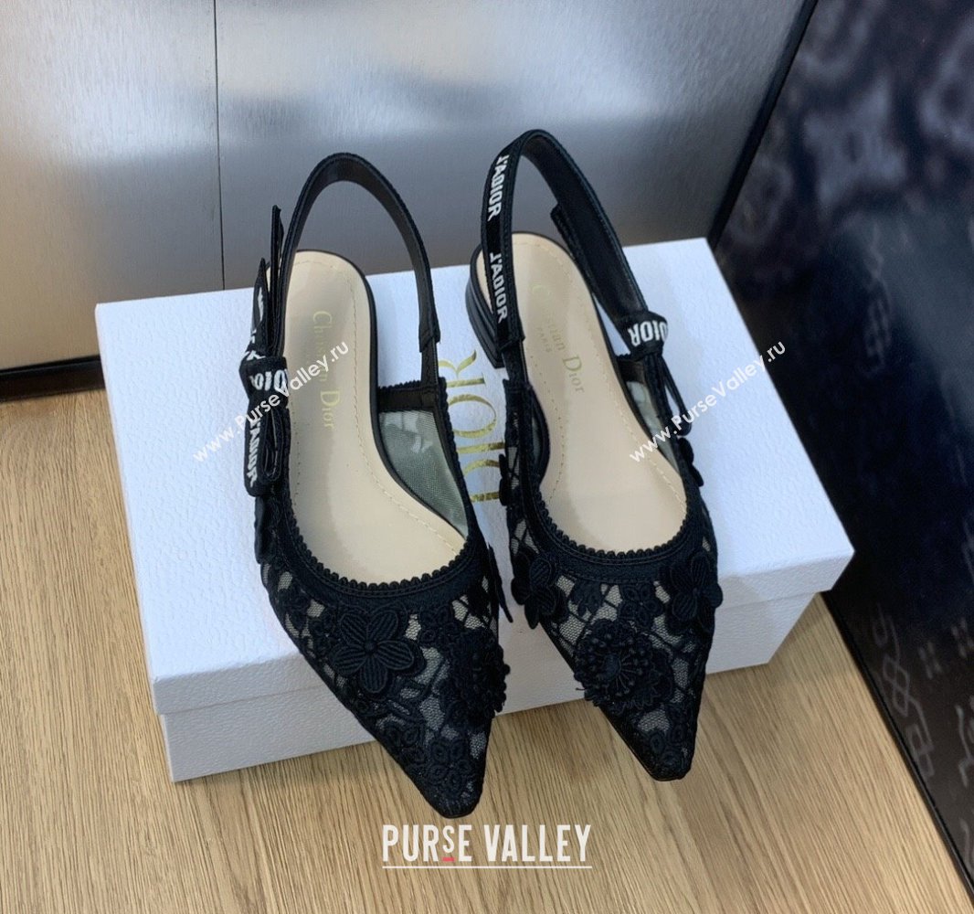 Dior JAdior Slingback Ballerina Flats in Transparent Mesh Embroidered with Black 3D Macramé-Effect D-Lace Motif 2024 (modeng-231