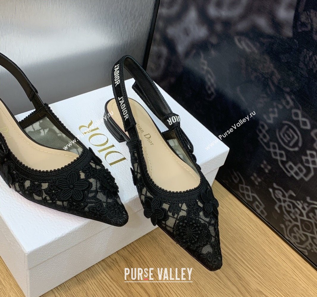 Dior JAdior Slingback Ballerina Flats in Transparent Mesh Embroidered with Black 3D Macramé-Effect D-Lace Motif 2024 (modeng-231