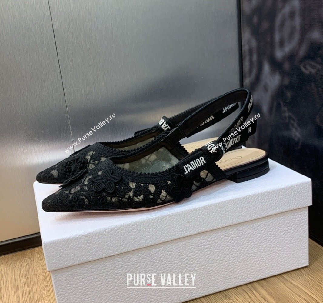 Dior JAdior Slingback Ballerina Flats in Transparent Mesh Embroidered with Black 3D Macramé-Effect D-Lace Motif 2024 (modeng-231