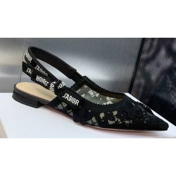Dior JAdior Slingback Ballerina Flats in Transparent Mesh Embroidered with Black 3D Macramé-Effect D-Lace Motif 2024 (modeng-231