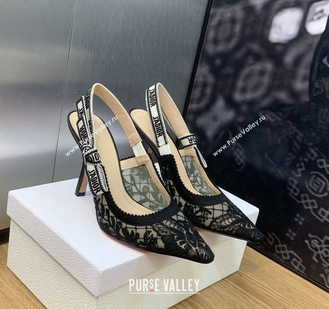 Dior Heel 9.5cm JAdior Slingback Pumps in Transparent Mesh Embroidered with Black Butterfly Motif 2024 (modeng-23120856)
