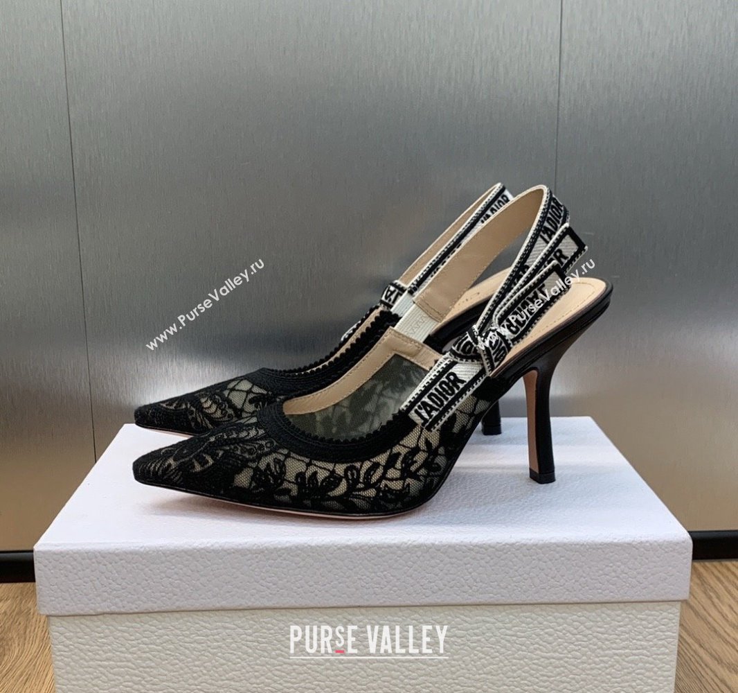 Dior Heel 9.5cm JAdior Slingback Pumps in Transparent Mesh Embroidered with Black Butterfly Motif 2024 (modeng-23120856)