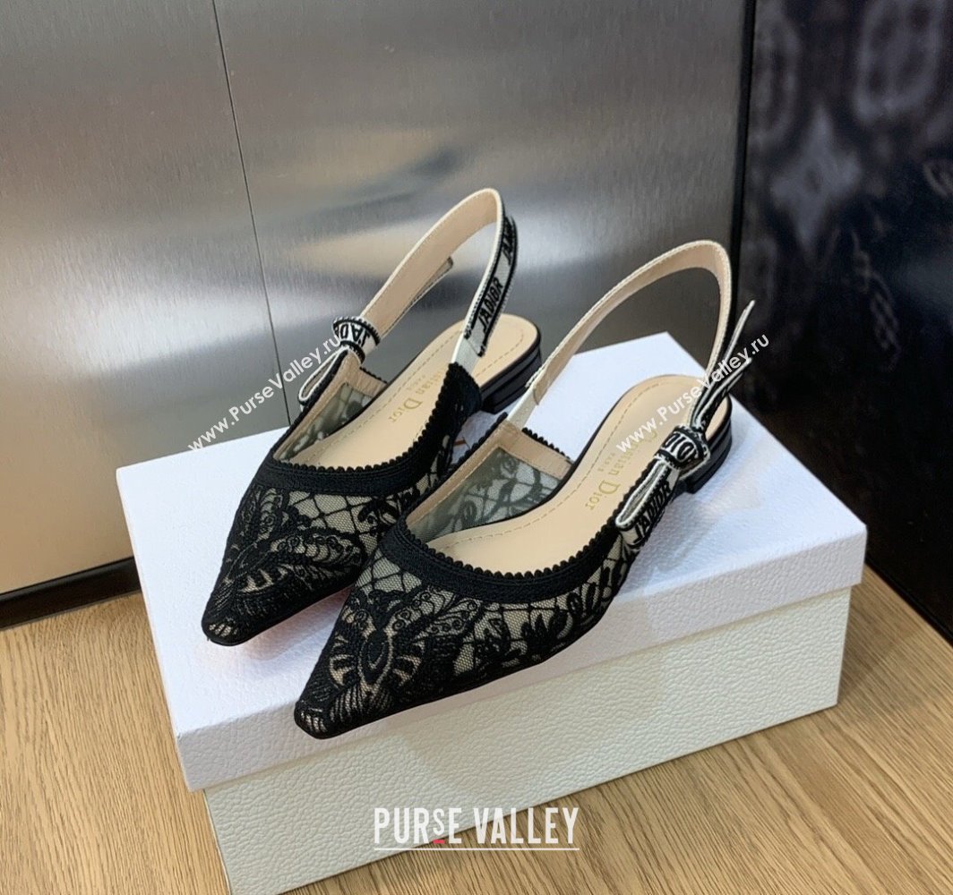 Dior JAdior Slingback Ballerina Flats in Transparent Mesh Embroidered with Black Butterfly Motif 2024 (modeng-23120858)