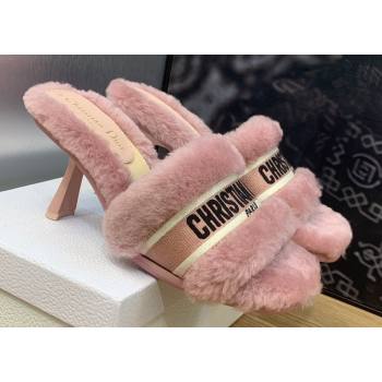 Dior Heel 8cm Dway Slide Sandals in Pink Shearling Fur and Embroidered Canvas 2024 (jincheng-23120810)
