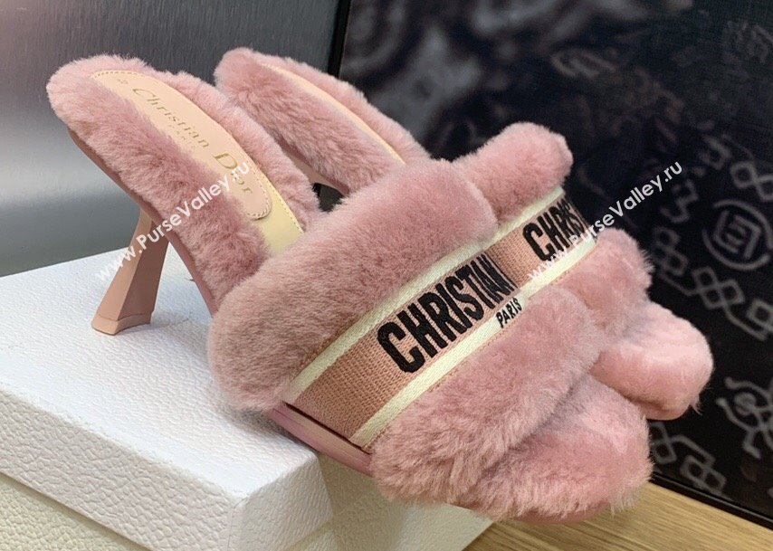 Dior Heel 8cm Dway Slide Sandals in Pink Shearling Fur and Embroidered Canvas 2024 (jincheng-23120810)