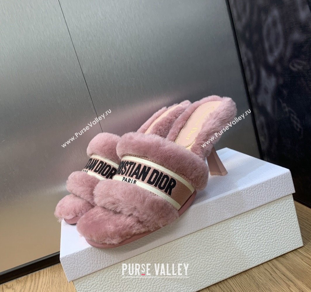 Dior Heel 8cm Dway Slide Sandals in Pink Shearling Fur and Embroidered Canvas 2024 (jincheng-23120810)