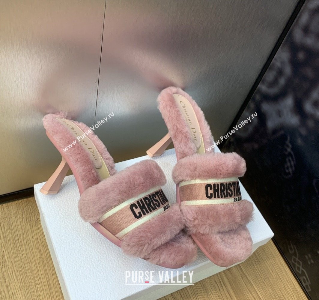 Dior Heel 8cm Dway Slide Sandals in Pink Shearling Fur and Embroidered Canvas 2024 (jincheng-23120810)