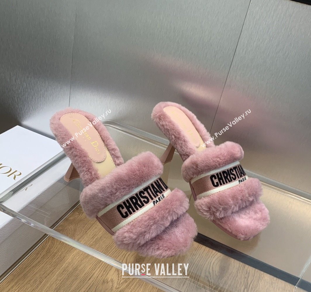 Dior Heel 8cm Dway Slide Sandals in Pink Shearling Fur and Embroidered Canvas 2024 (jincheng-23120810)