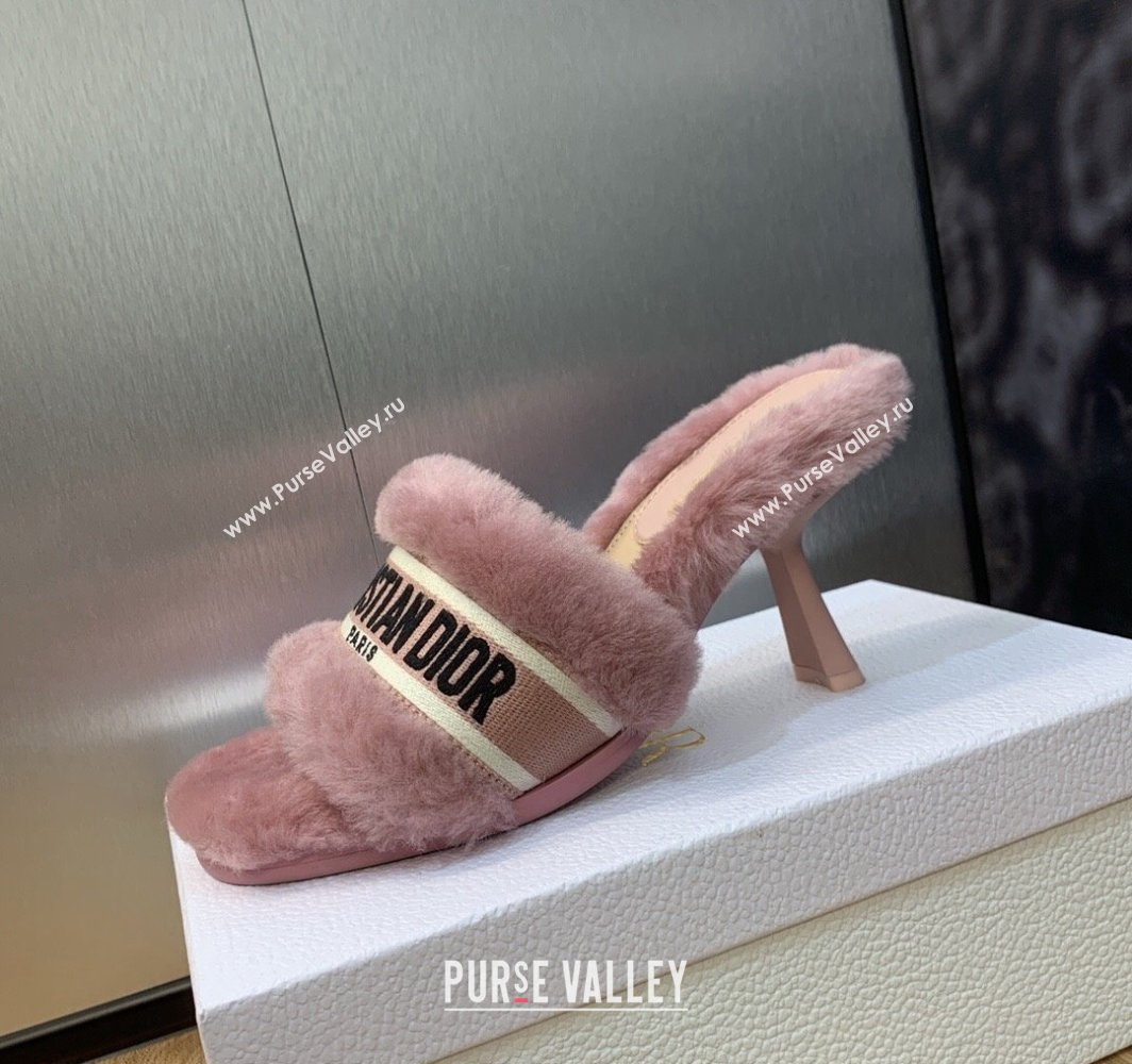 Dior Heel 8cm Dway Slide Sandals in Pink Shearling Fur and Embroidered Canvas 2024 (jincheng-23120810)