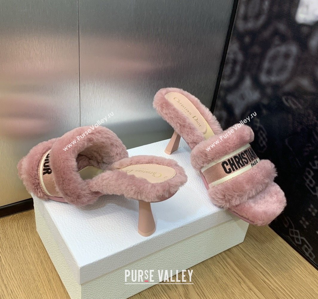 Dior Heel 8cm Dway Slide Sandals in Pink Shearling Fur and Embroidered Canvas 2024 (jincheng-23120810)