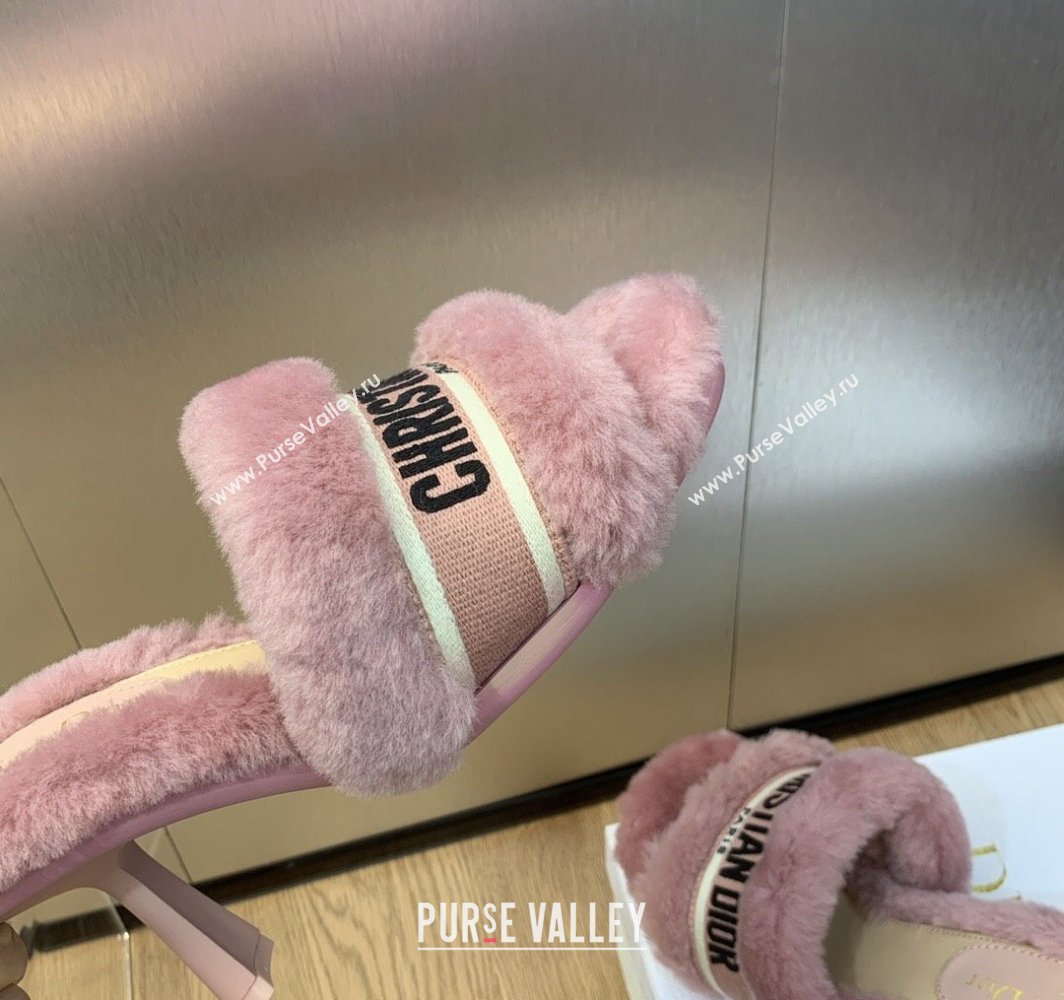 Dior Heel 8cm Dway Slide Sandals in Pink Shearling Fur and Embroidered Canvas 2024 (jincheng-23120810)