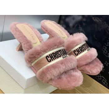 Dior Heel 6.5cm Dway Slide Sandals in Pink Shearling Fur and Embroidered Canvas 2024 (jincheng-23120811)