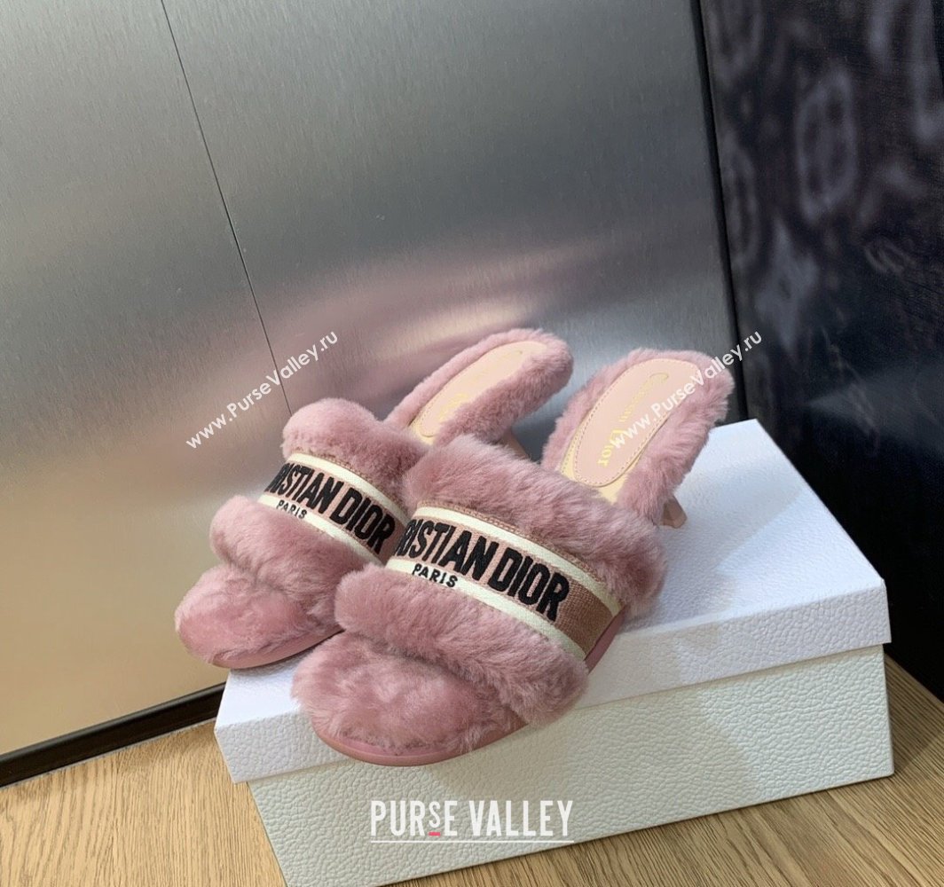 Dior Heel 6.5cm Dway Slide Sandals in Pink Shearling Fur and Embroidered Canvas 2024 (jincheng-23120811)