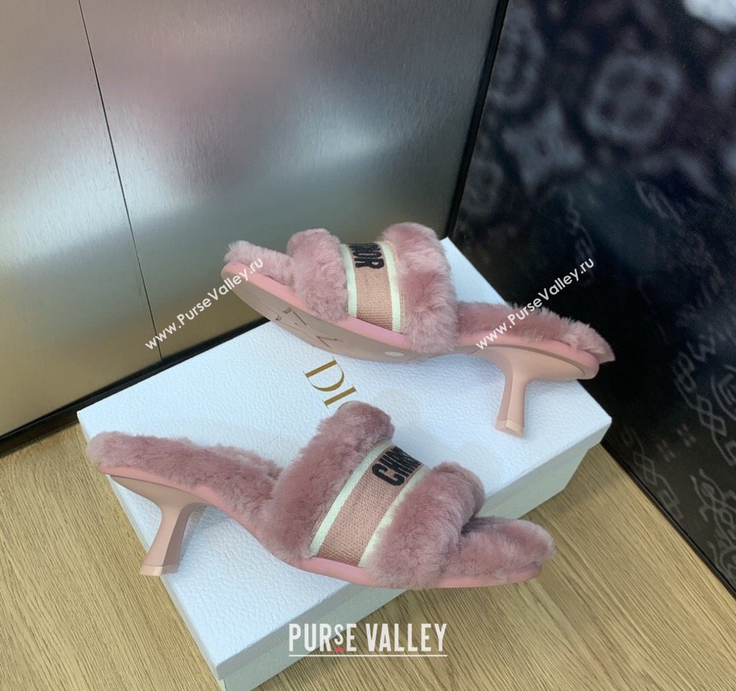Dior Heel 6.5cm Dway Slide Sandals in Pink Shearling Fur and Embroidered Canvas 2024 (jincheng-23120811)