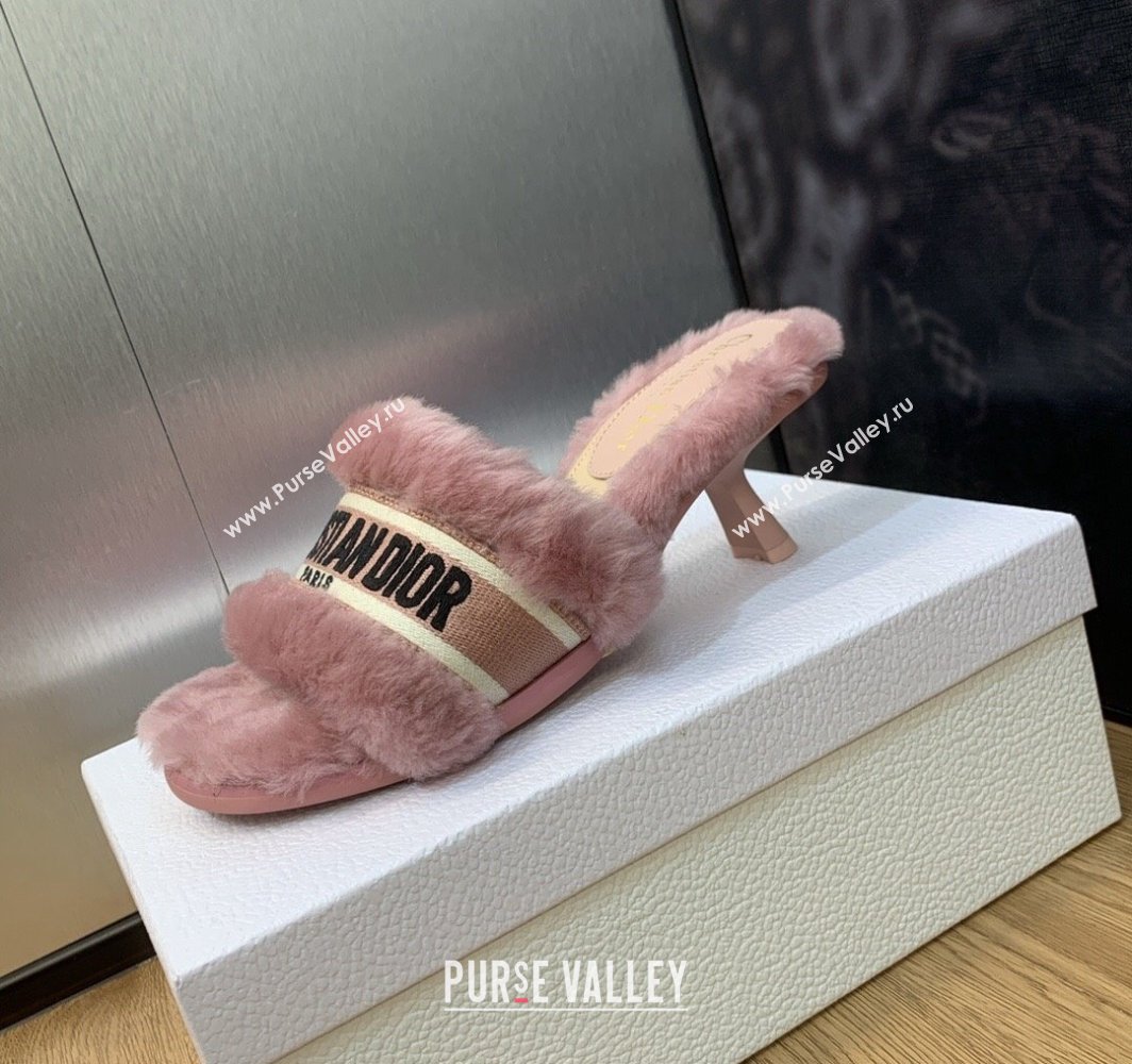 Dior Heel 6.5cm Dway Slide Sandals in Pink Shearling Fur and Embroidered Canvas 2024 (jincheng-23120811)