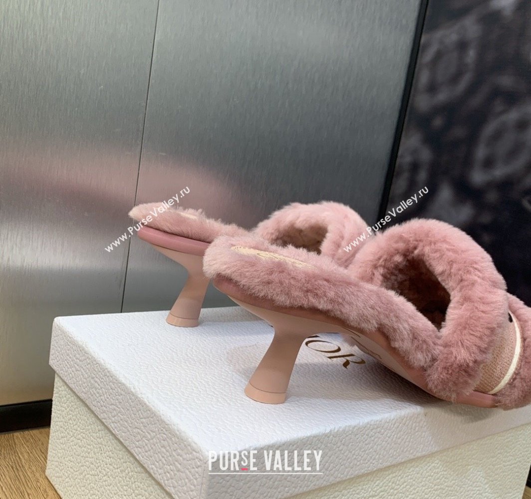 Dior Heel 6.5cm Dway Slide Sandals in Pink Shearling Fur and Embroidered Canvas 2024 (jincheng-23120811)