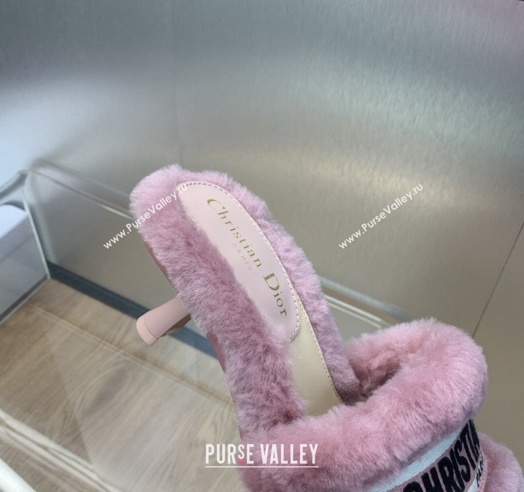 Dior Heel 6.5cm Dway Slide Sandals in Pink Shearling Fur and Embroidered Canvas 2024 (jincheng-23120811)