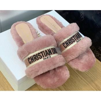 Dior Dway Flat Slide Sandals in Pink Shearling Fur and Embroidered Canvas 2024 (jincheng-23120812)