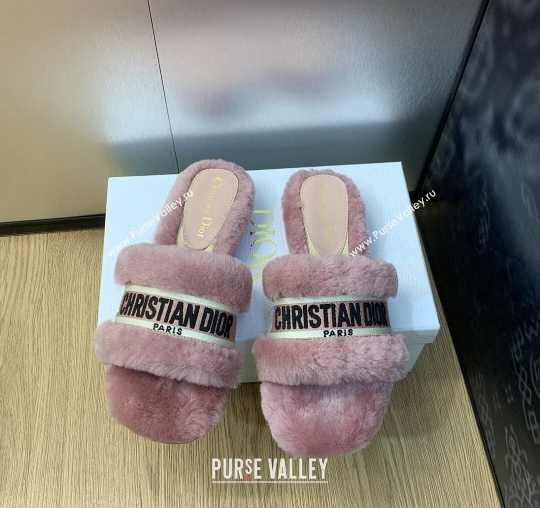 Dior Dway Flat Slide Sandals in Pink Shearling Fur and Embroidered Canvas 2024 (jincheng-23120812)