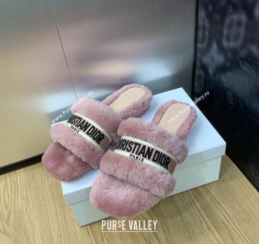 Dior Dway Flat Slide Sandals in Pink Shearling Fur and Embroidered Canvas 2024 (jincheng-23120812)