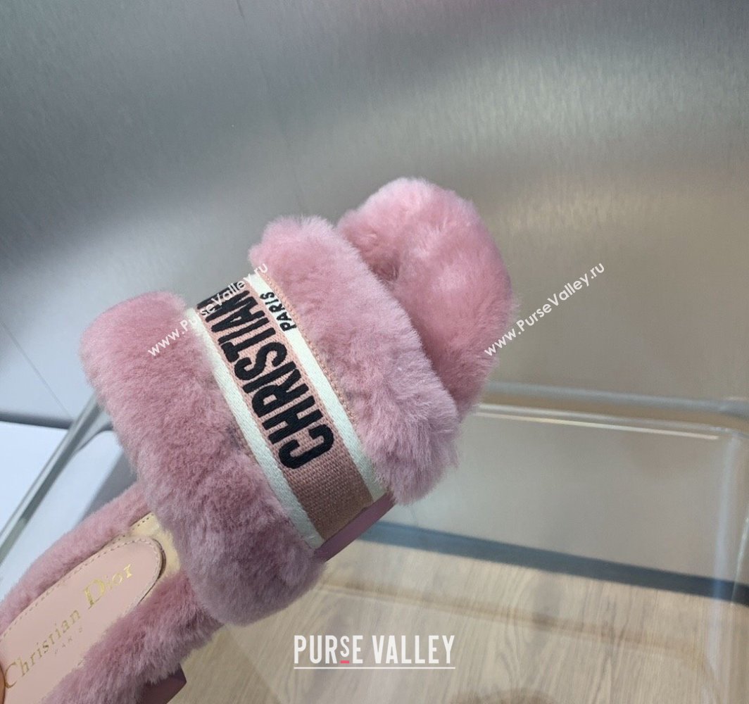 Dior Dway Flat Slide Sandals in Pink Shearling Fur and Embroidered Canvas 2024 (jincheng-23120812)