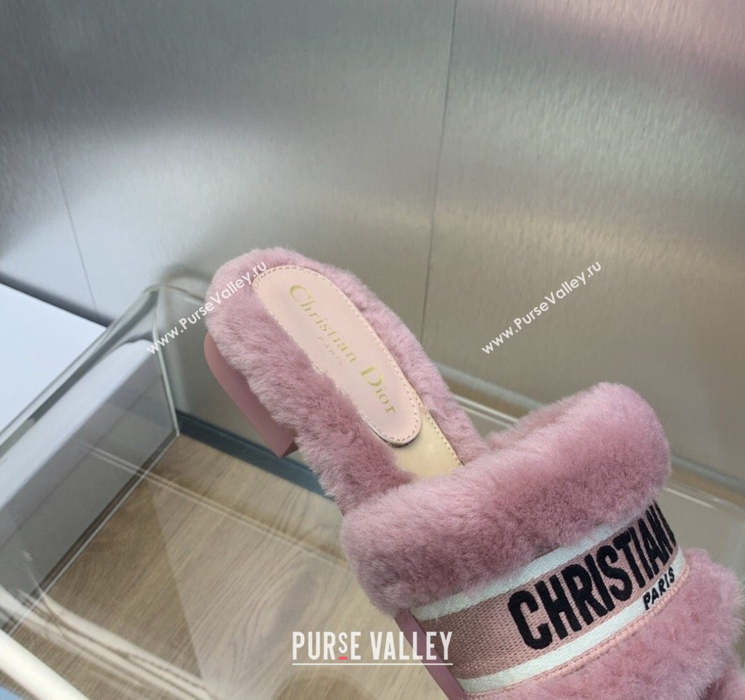 Dior Dway Flat Slide Sandals in Pink Shearling Fur and Embroidered Canvas 2024 (jincheng-23120812)