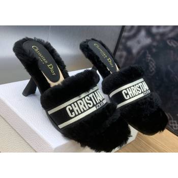 Dior Heel 8cm Dway Slide Sandals in Black Shearling Fur and Embroidered Canvas 2024 (jincheng-23120801)