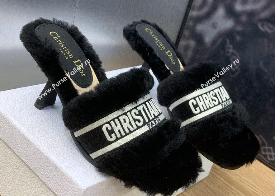 Dior Heel 8cm Dway Slide Sandals in Black Shearling Fur and Embroidered Canvas 2024 (jincheng-23120801)