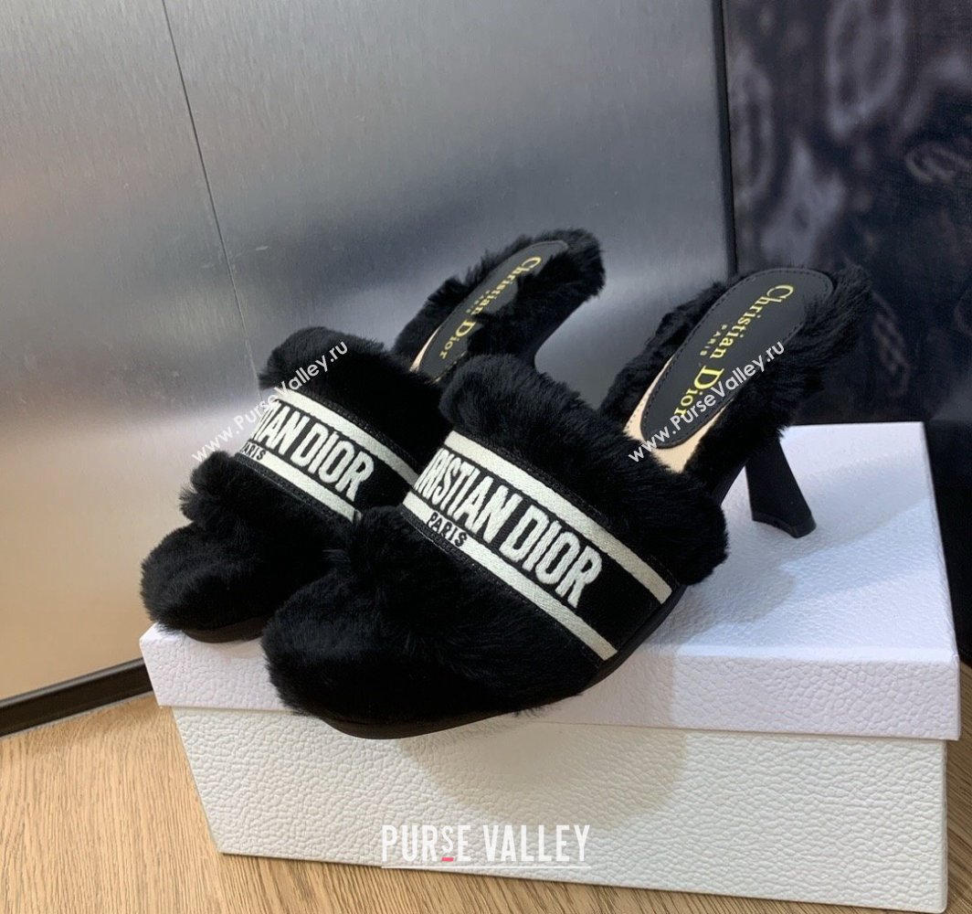 Dior Heel 8cm Dway Slide Sandals in Black Shearling Fur and Embroidered Canvas 2024 (jincheng-23120801)