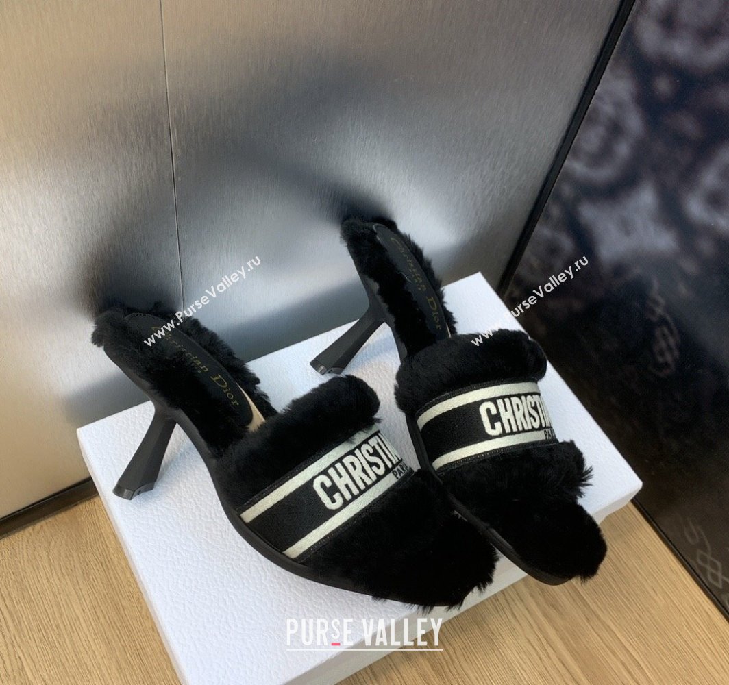 Dior Heel 8cm Dway Slide Sandals in Black Shearling Fur and Embroidered Canvas 2024 (jincheng-23120801)