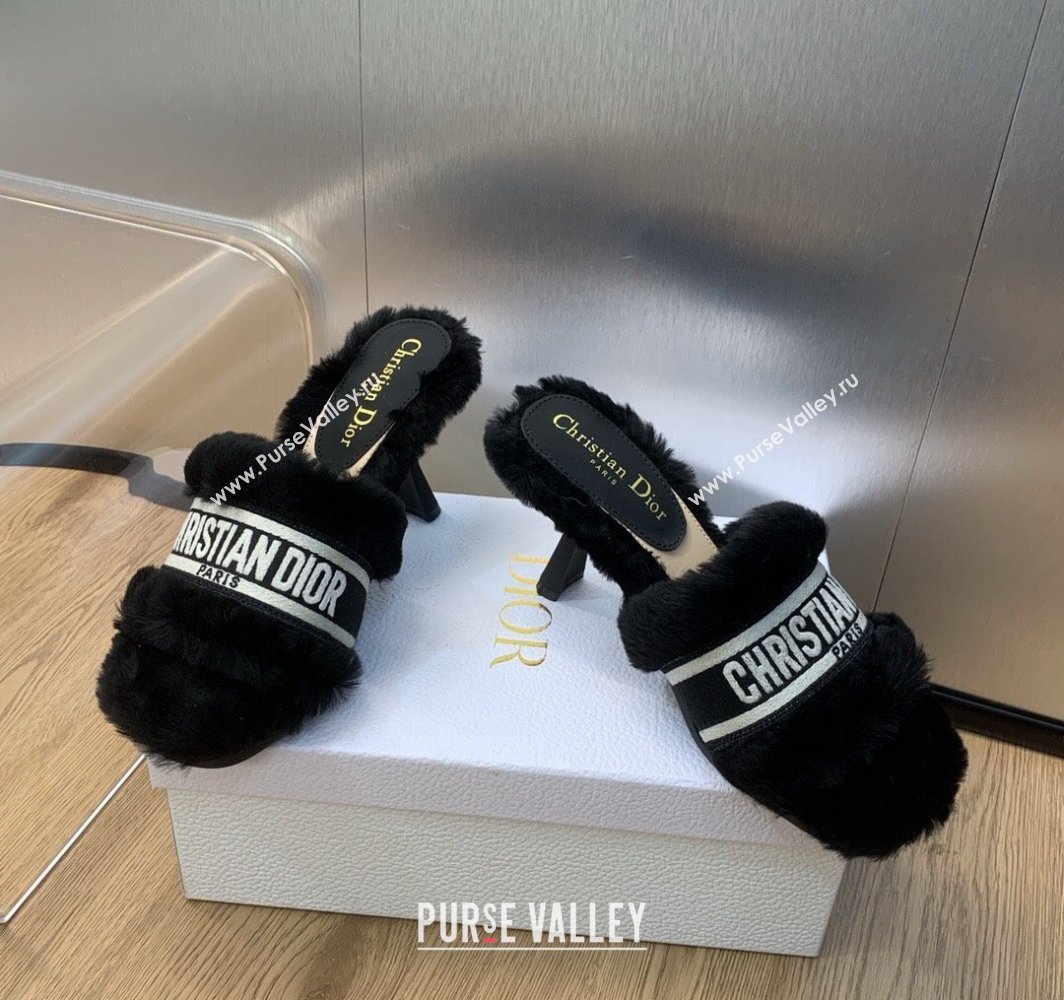 Dior Heel 8cm Dway Slide Sandals in Black Shearling Fur and Embroidered Canvas 2024 (jincheng-23120801)