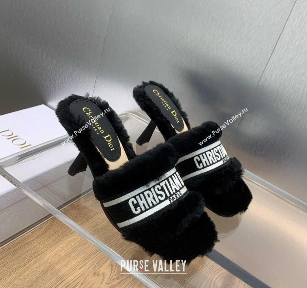 Dior Heel 8cm Dway Slide Sandals in Black Shearling Fur and Embroidered Canvas 2024 (jincheng-23120801)