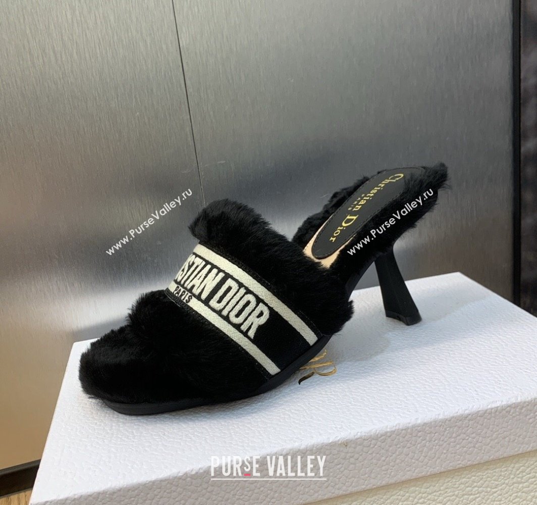 Dior Heel 8cm Dway Slide Sandals in Black Shearling Fur and Embroidered Canvas 2024 (jincheng-23120801)