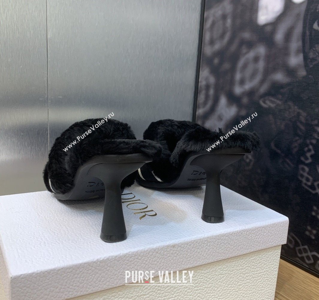Dior Heel 8cm Dway Slide Sandals in Black Shearling Fur and Embroidered Canvas 2024 (jincheng-23120801)