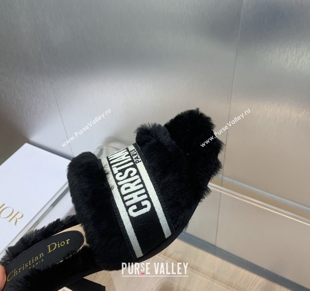 Dior Heel 8cm Dway Slide Sandals in Black Shearling Fur and Embroidered Canvas 2024 (jincheng-23120801)