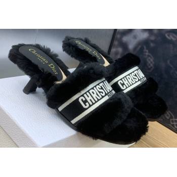 Dior Heel 6.5cm Dway Slide Sandals in Black Shearling Fur and Embroidered Canvas 2024 (jincheng-23120802)