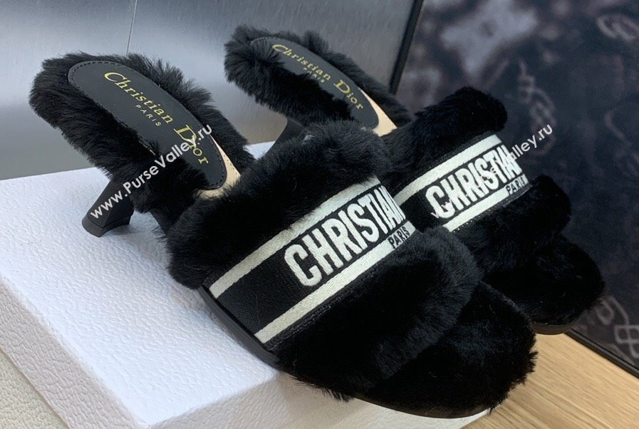 Dior Heel 6.5cm Dway Slide Sandals in Black Shearling Fur and Embroidered Canvas 2024 (jincheng-23120802)