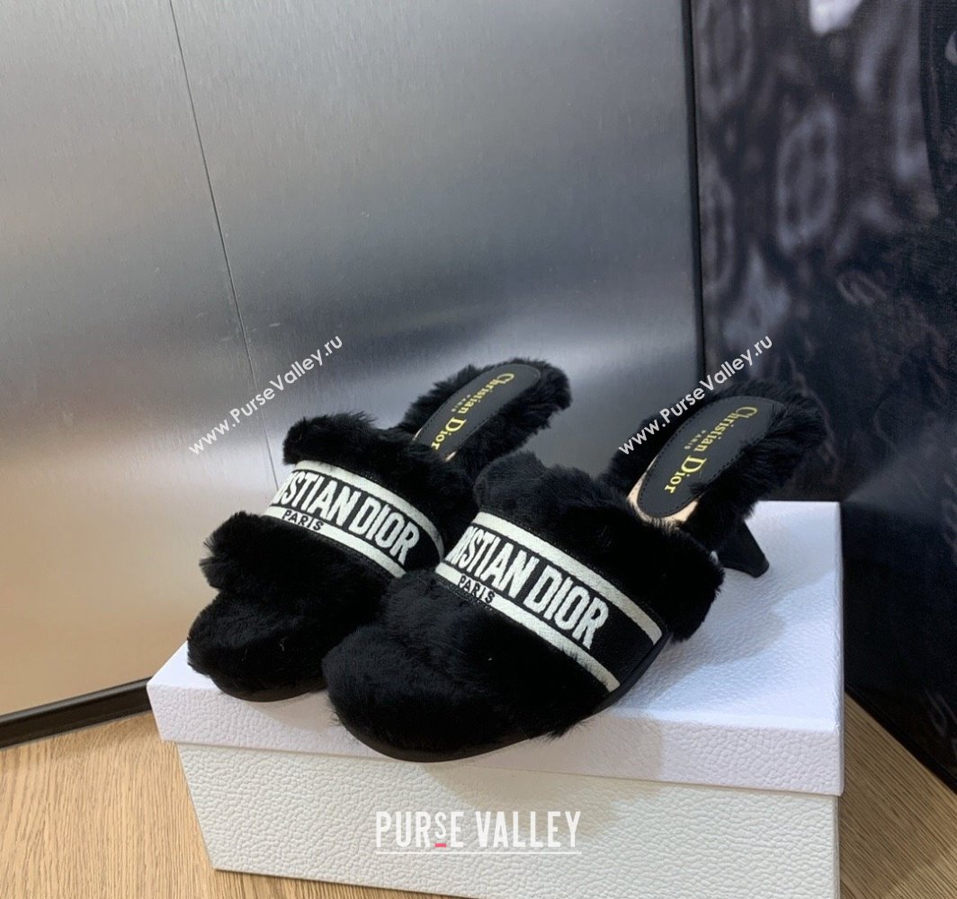 Dior Heel 6.5cm Dway Slide Sandals in Black Shearling Fur and Embroidered Canvas 2024 (jincheng-23120802)