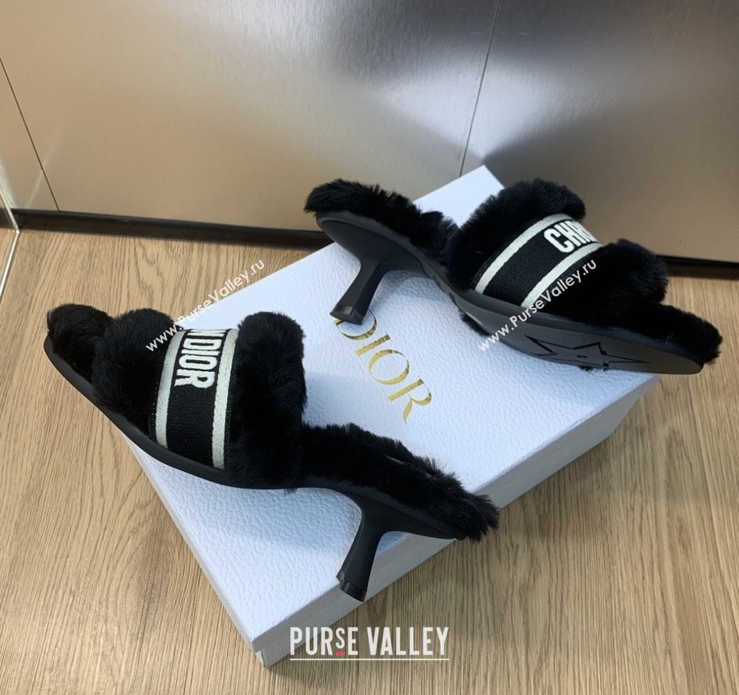 Dior Heel 6.5cm Dway Slide Sandals in Black Shearling Fur and Embroidered Canvas 2024 (jincheng-23120802)