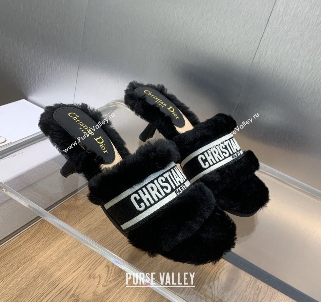 Dior Heel 6.5cm Dway Slide Sandals in Black Shearling Fur and Embroidered Canvas 2024 (jincheng-23120802)