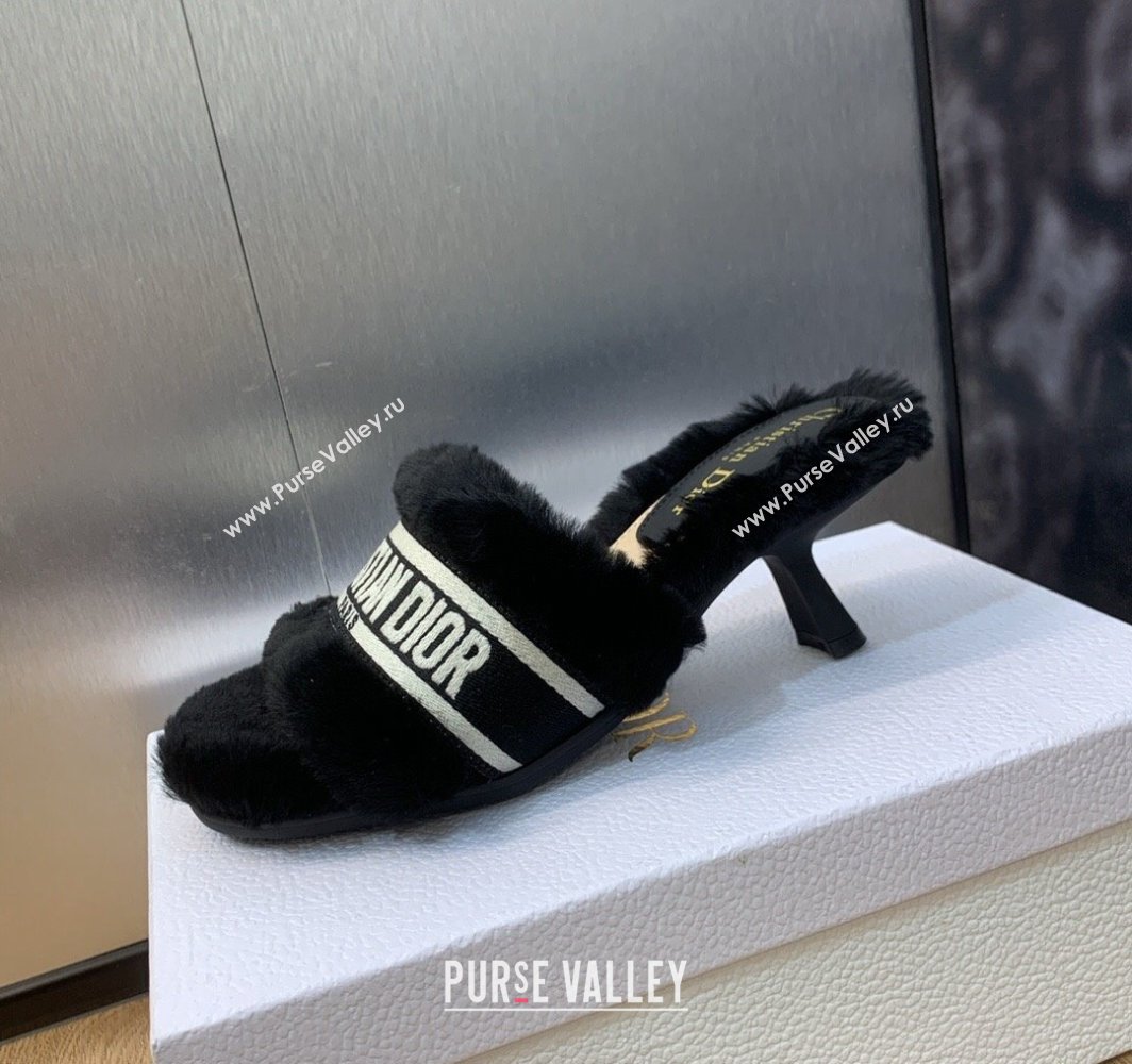 Dior Heel 6.5cm Dway Slide Sandals in Black Shearling Fur and Embroidered Canvas 2024 (jincheng-23120802)
