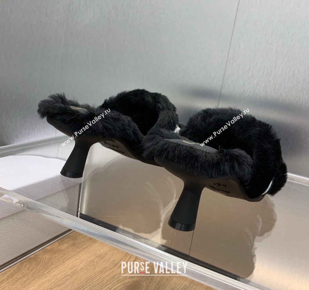 Dior Heel 6.5cm Dway Slide Sandals in Black Shearling Fur and Embroidered Canvas 2024 (jincheng-23120802)