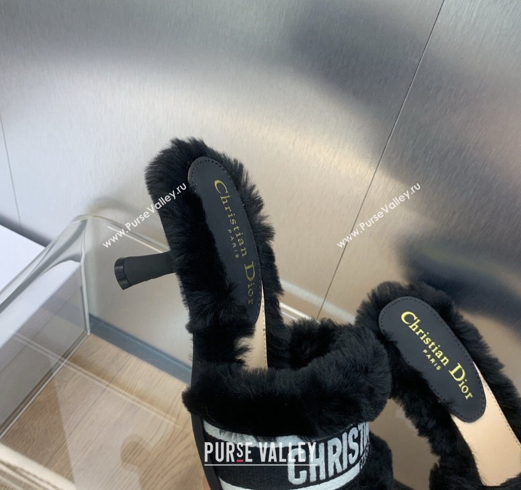 Dior Heel 6.5cm Dway Slide Sandals in Black Shearling Fur and Embroidered Canvas 2024 (jincheng-23120802)