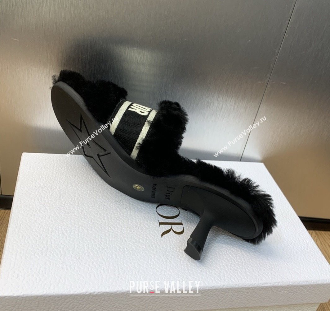 Dior Heel 6.5cm Dway Slide Sandals in Black Shearling Fur and Embroidered Canvas 2024 (jincheng-23120802)