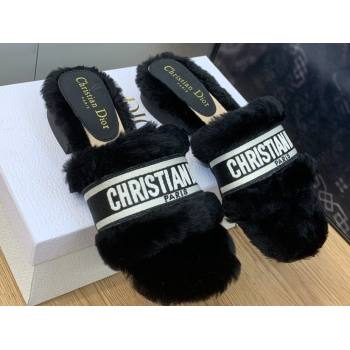 Dior Dway Flat Slide Sandals in Black Shearling Fur and Embroidered Canvas 2024 (jincheng-23120803)
