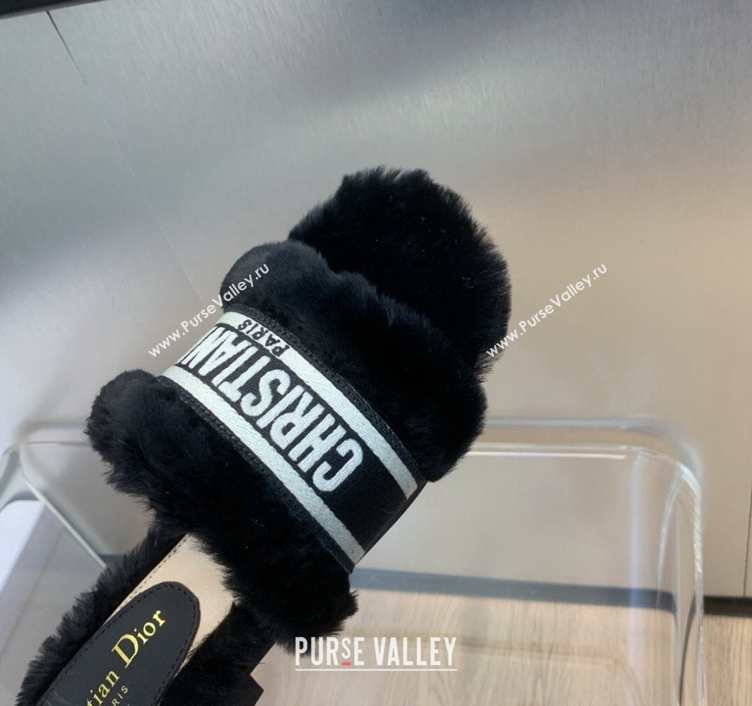 Dior Dway Flat Slide Sandals in Black Shearling Fur and Embroidered Canvas 2024 (jincheng-23120803)