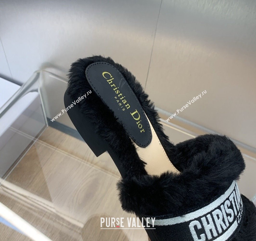 Dior Dway Flat Slide Sandals in Black Shearling Fur and Embroidered Canvas 2024 (jincheng-23120803)
